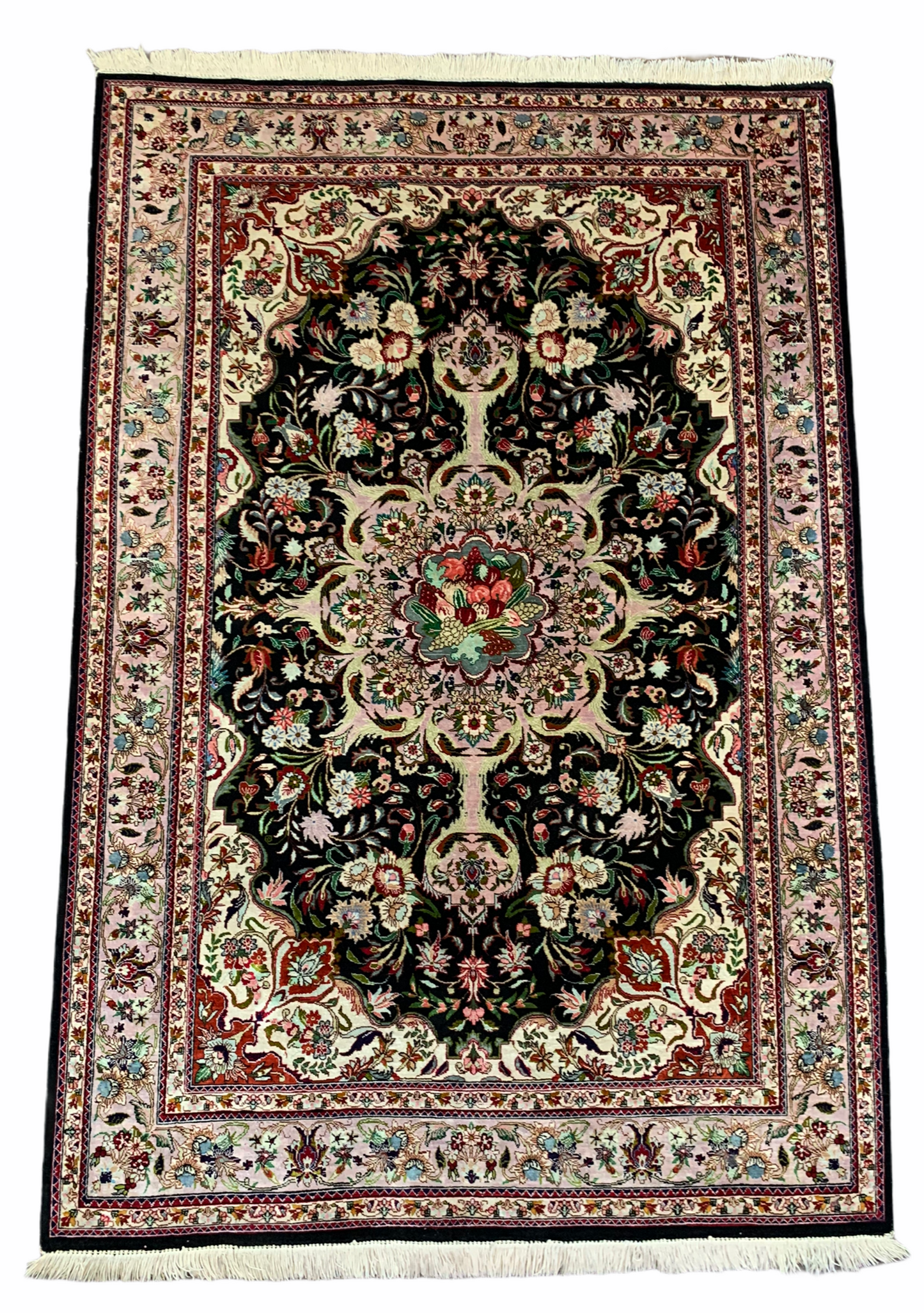 Persian Qom silk rug with fruits